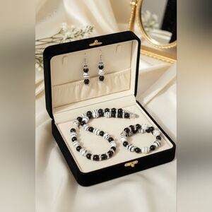 Elegant Black White Glass Swirl Design Bead Choker Necklace Bracelet Earrings